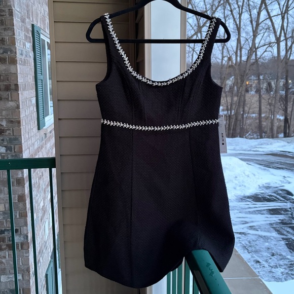 🆕AQUA Black Embellished Tweed Mini Dress Crystal Trim Wool Blend Size S, XS Chic - Picture 4 of 15
